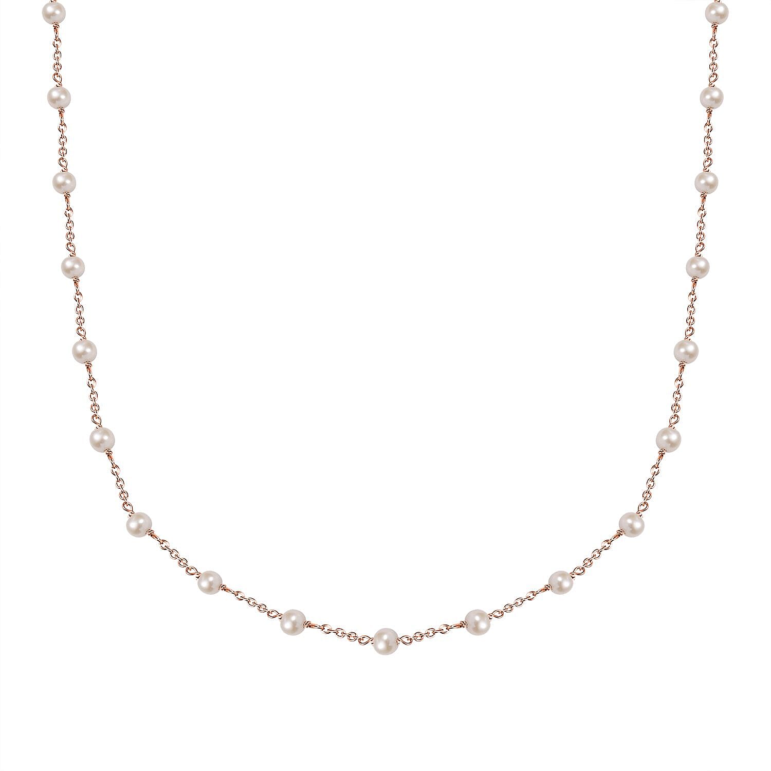 Premium White Freshwater Pearl Station Necklace in ION Plated RG Stainless Steel 24 Inches
