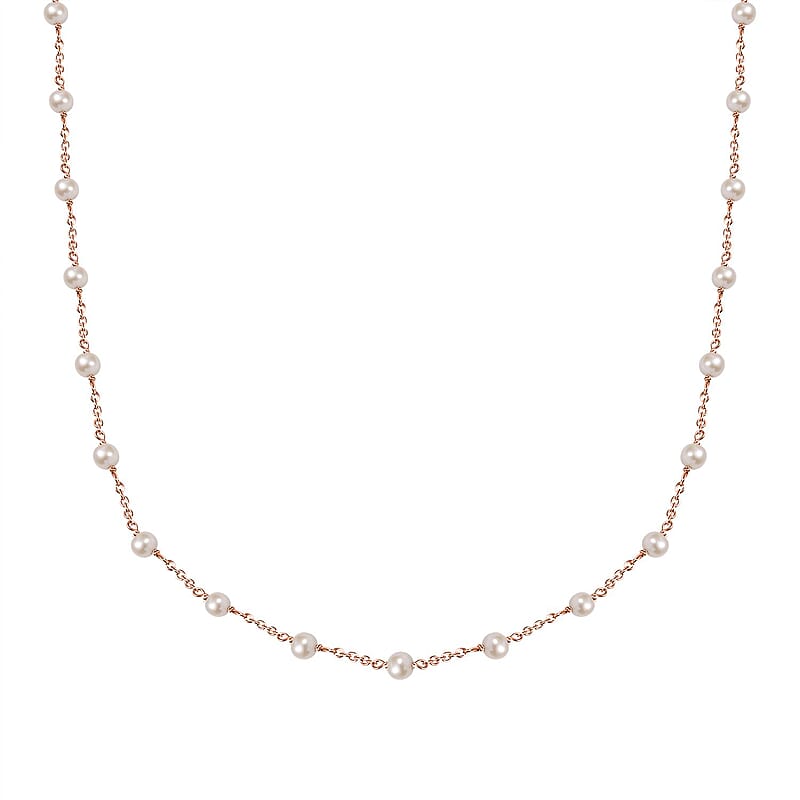 Premium White Freshwater Pearl Station Necklace in ION Plated RG Stainless Steel 24 Inches