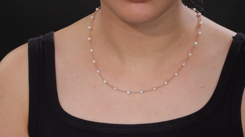 Premium White Freshwater Pearl Station Necklace (24 Inches) in ION Plated RG Stainless Steel