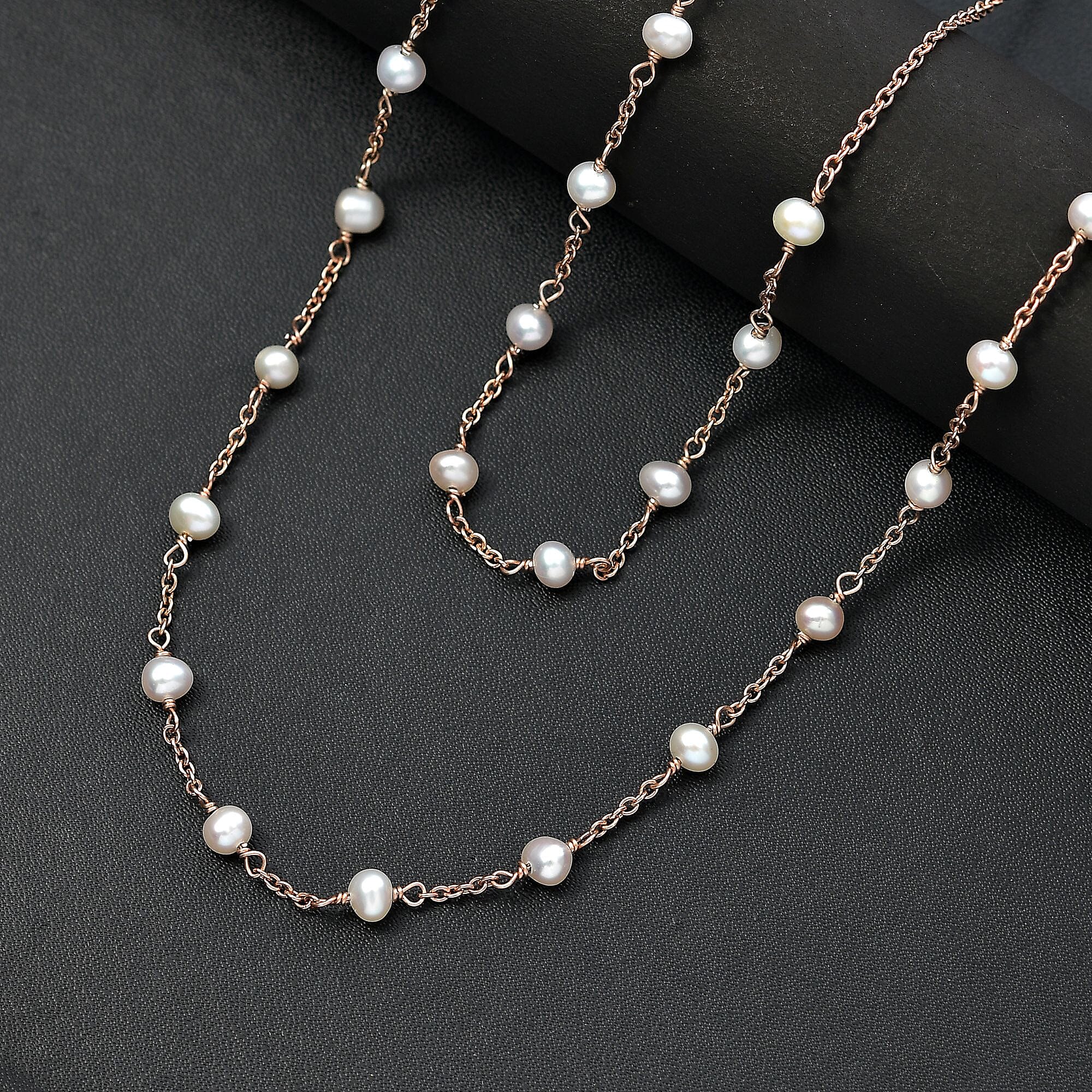 Premium White Freshwater Pearl Station Necklace in ION Plated RG Stainless Steel 24 Inches