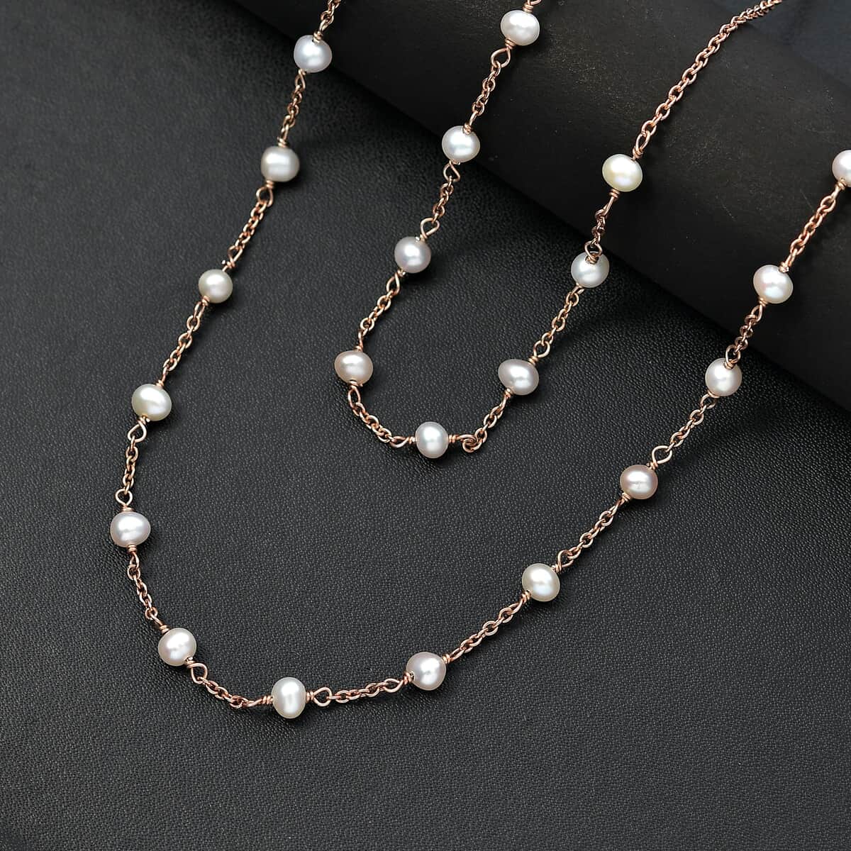 Premium White Freshwater Pearl Station Necklace (24 Inches) in ION Plated RG Stainless Steel image number 1