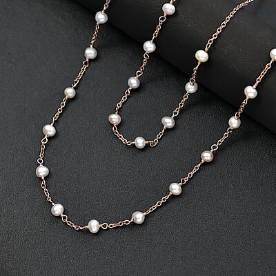 Premium White Freshwater Pearl Station Necklace in ION Plated RG Stainless Steel 24 Inches