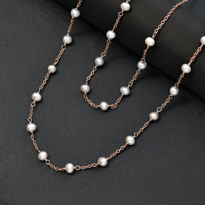 Premium White Freshwater Pearl Station Necklace in ION Plated RG Stainless Steel 24 Inches