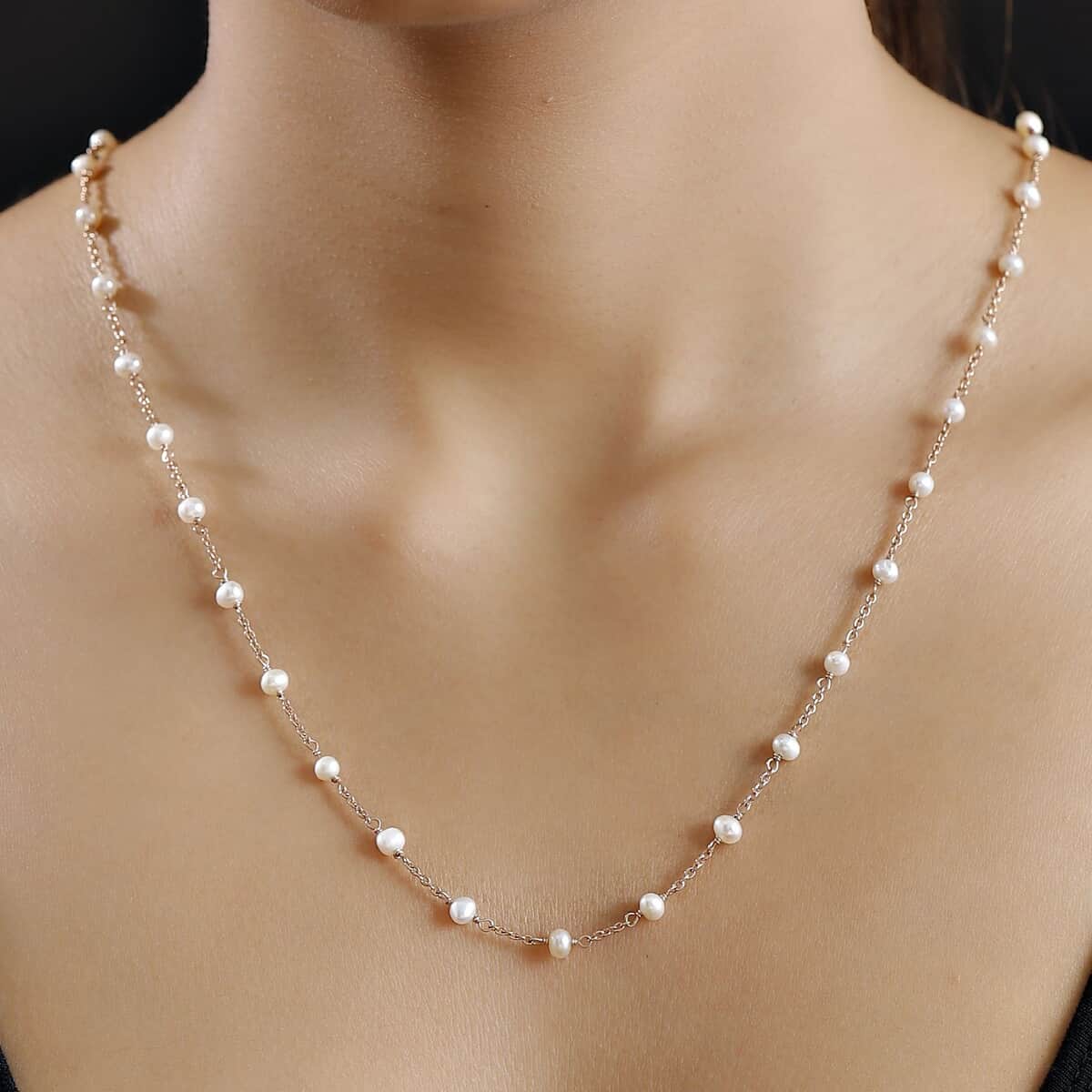 Premium White Freshwater Pearl Station Necklace (24 Inches) in ION Plated RG Stainless Steel image number 2