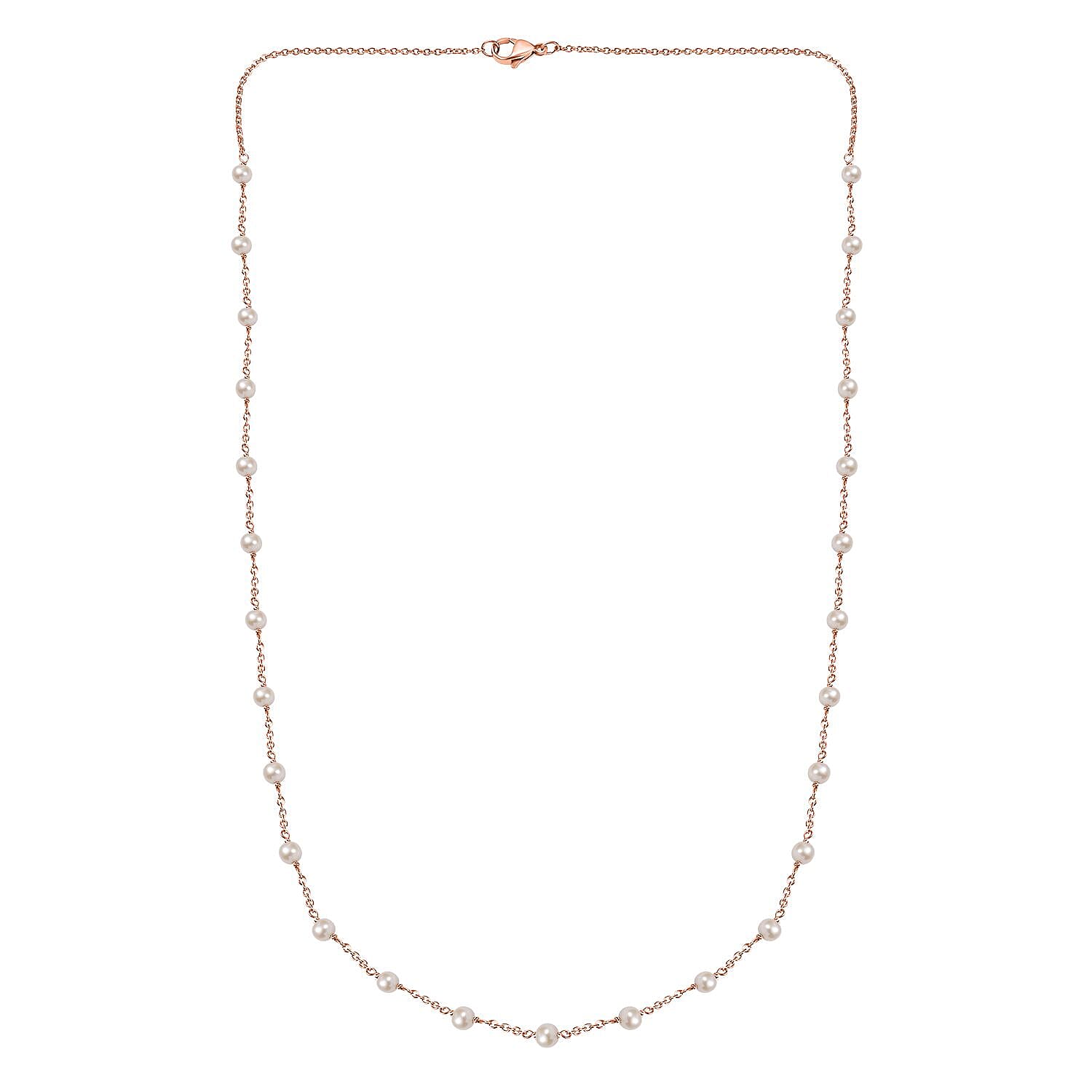 Premium White Freshwater Pearl Station Necklace in ION Plated RG Stainless Steel 24 Inches