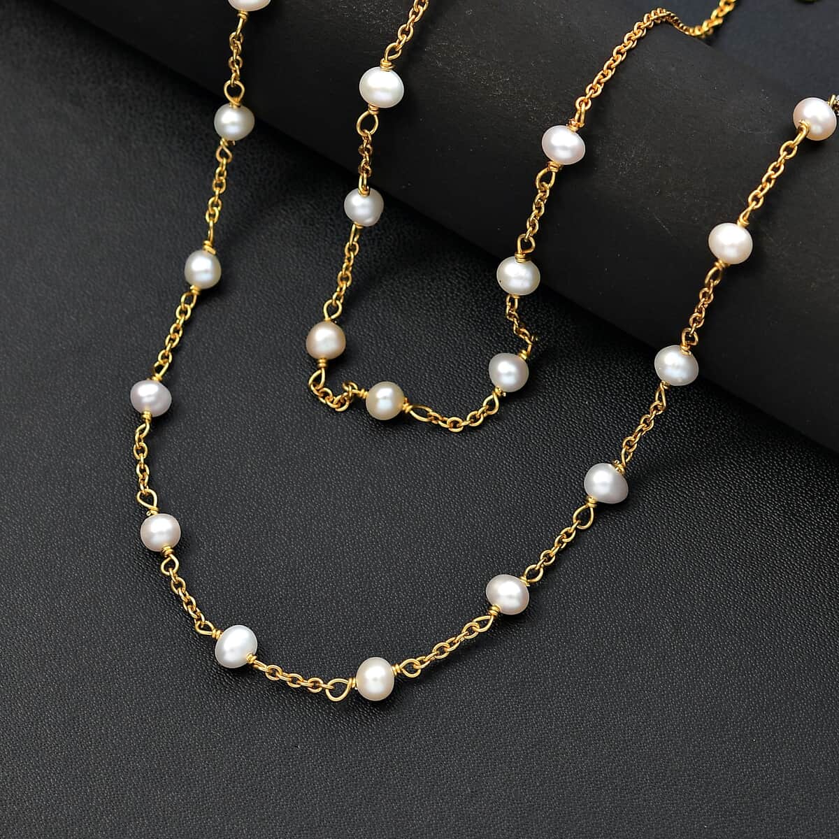 Premium White Freshwater Pearl Station Necklace in ION Plated YG Stainless Steel 24 Inches image number 1