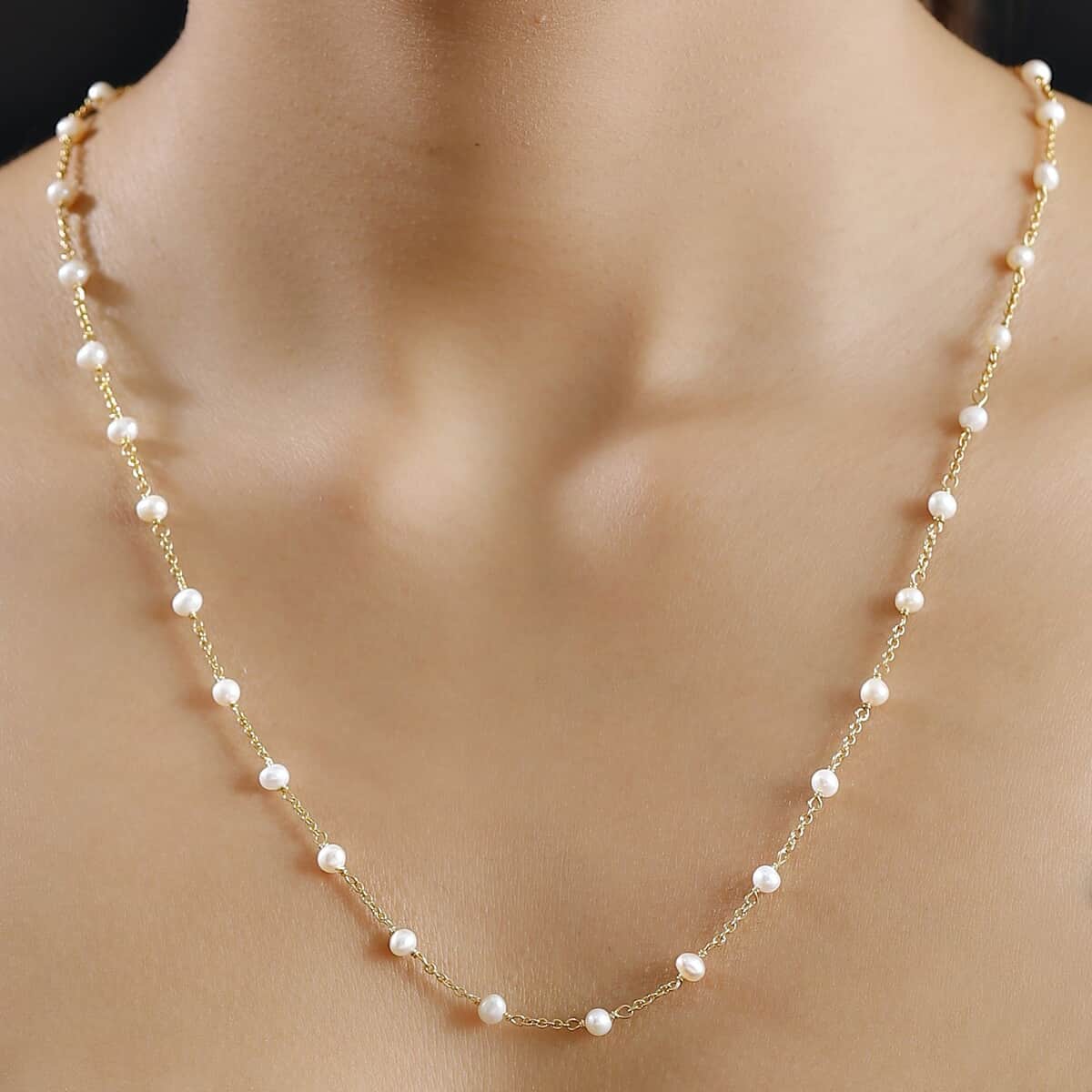 Premium White Freshwater Pearl Station Necklace in ION Plated YG Stainless Steel 24 Inches image number 2