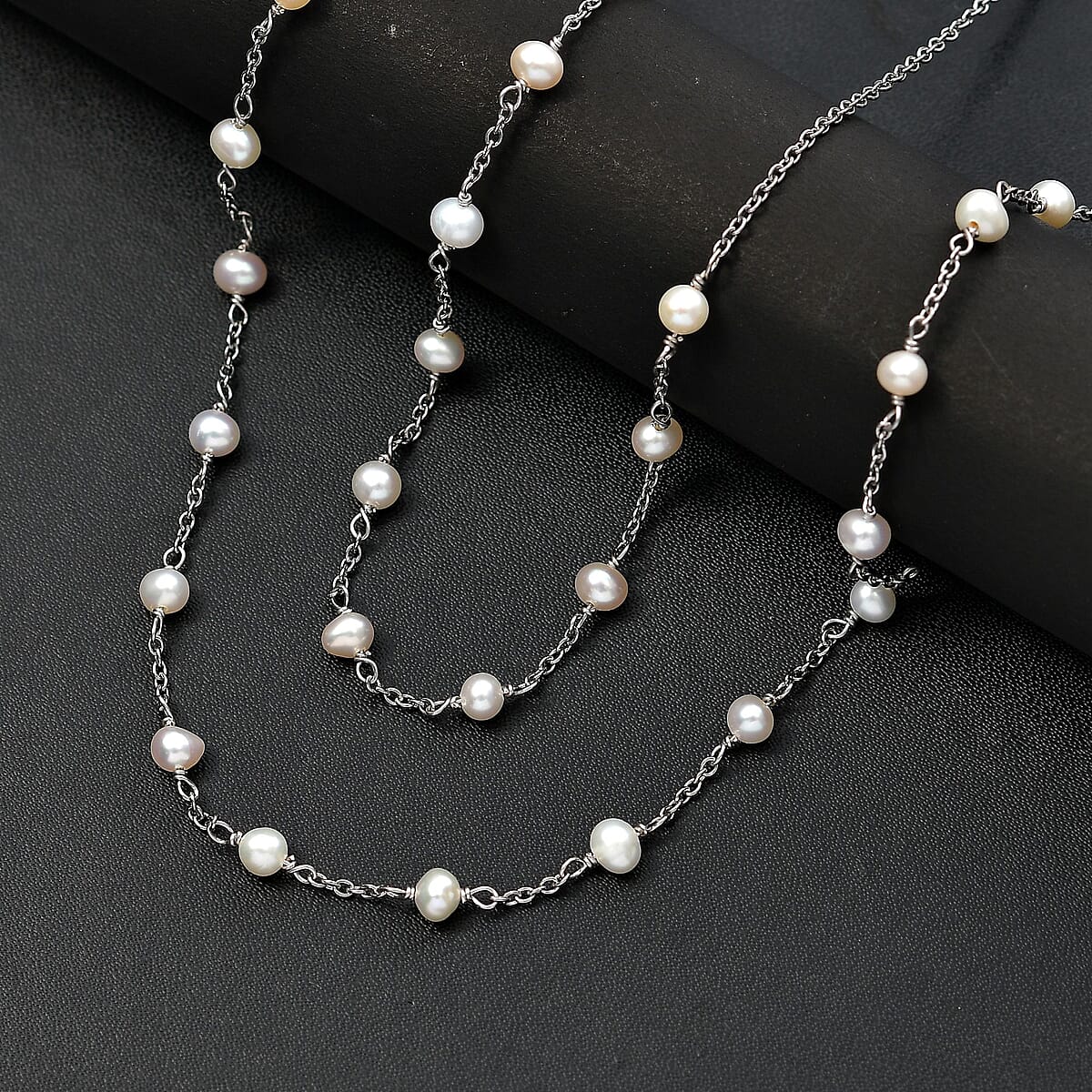 Premium White Freshwater Pearl Station Necklace in Stainless Steel 24 Inches image number 1