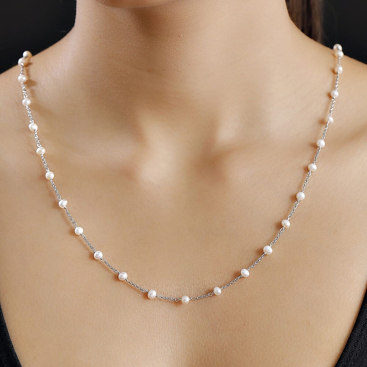 Premium White Freshwater Pearl Station Necklace in Stainless Steel 24 Inches image number 2