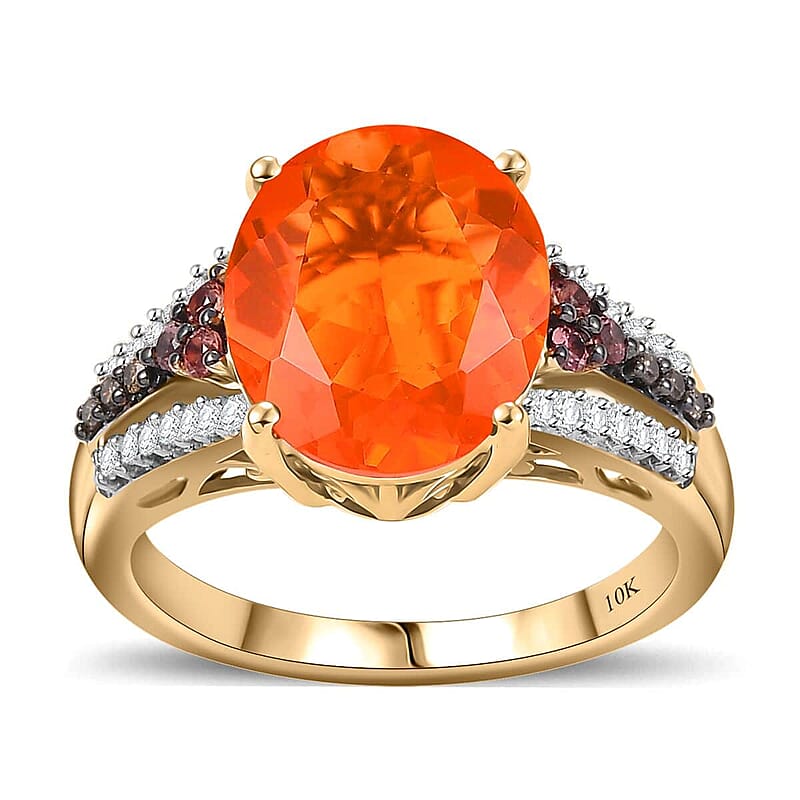 Luxoro 10K Yellow Gold Premium Mexican Cherry Fire Opal, Padparadscha Sapphire, Natural Champagne and White Diamond (0.20 cts) Ring (Size 12.0) 3.55 ctw