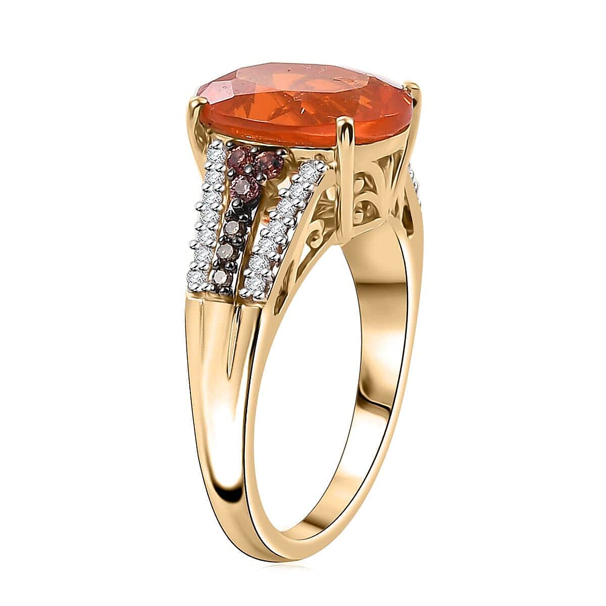 Luxoro 10K Yellow Gold Premium Mexican Cherry Fire Opal, Padparadscha Sapphire, Natural Champagne and White Diamond (0.20 cts) Ring (Size 6.5) 3.55 ctw image number 3
