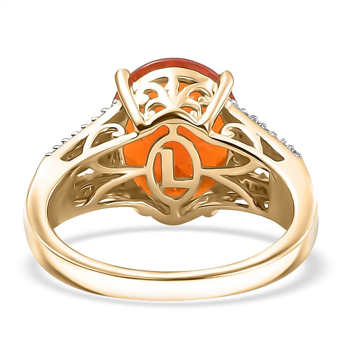 Luxoro 10K Yellow Gold Premium Mexican Cherry Fire Opal, Padparadscha Sapphire, Natural Champagne and White Diamond (0.20 cts) Ring (Size 6.5) 3.55 ctw image number 4