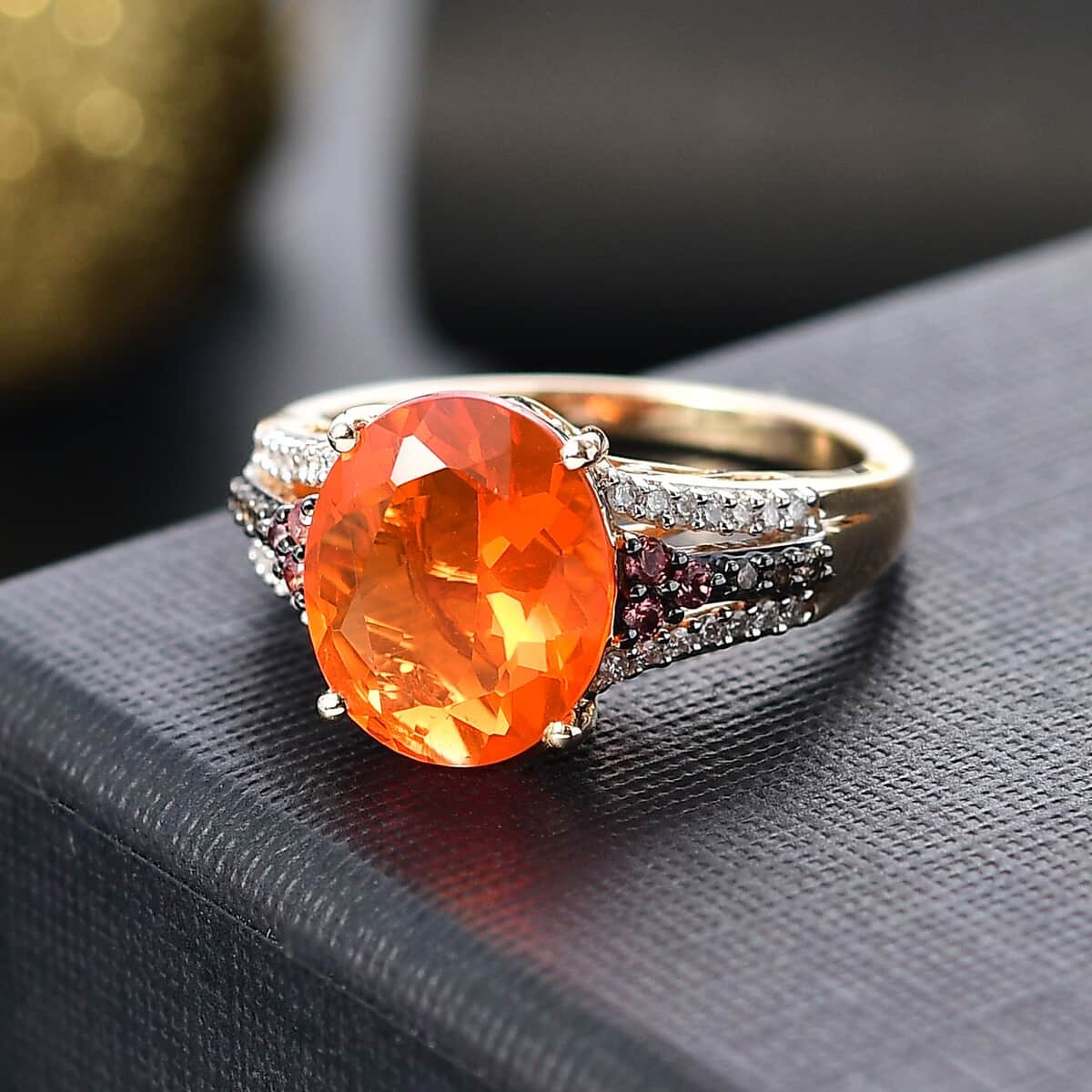 Luxoro 10K Yellow Gold Premium Mexican Cherry Fire Opal, Padparadscha Sapphire, Natural Champagne and White Diamond (0.20 cts) Ring (Size 7.0) 3.55 ctw image number 1