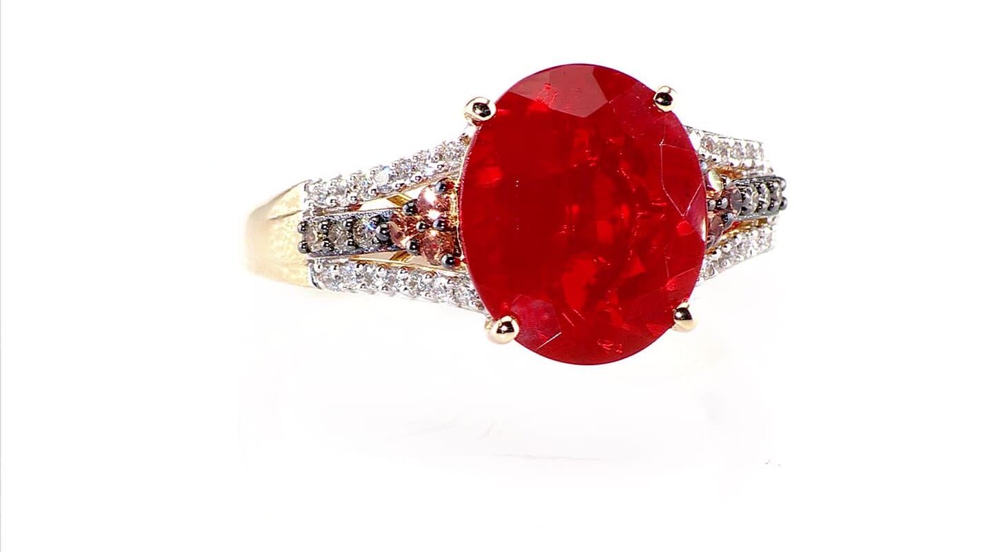 Luxoro AAA La Trinidad Fire Opal, Padparadscha Sapphire, Natural Champagne and White Diamond 3.40 ctw Ring in 10K Yellow Gold