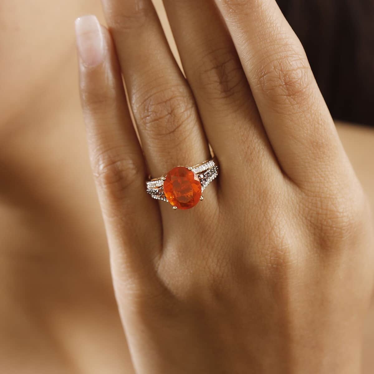 Luxoro 10K Yellow Gold Premium Mexican Cherry Fire Opal, Padparadscha Sapphire, Natural Champagne and White Diamond (0.20 cts) Ring (Size 7.0) 3.55 ctw image number 2