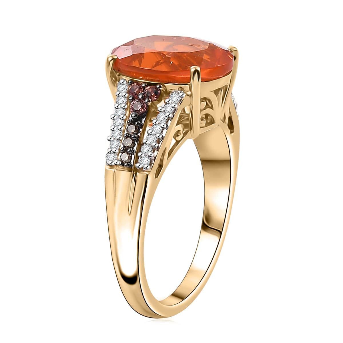 Luxoro 10K Yellow Gold Premium Mexican Cherry Fire Opal, Padparadscha Sapphire, Natural Champagne and White Diamond (0.20 cts) Ring (Size 7.0) 3.55 ctw image number 3