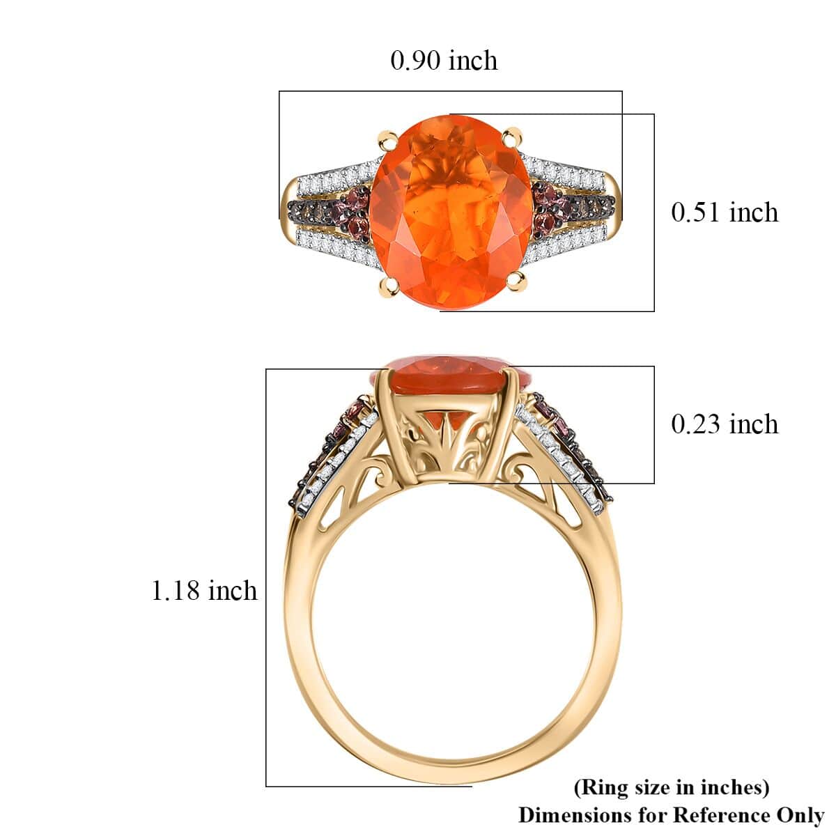 Luxoro 10K Yellow Gold Premium Mexican Cherry Fire Opal, Padparadscha Sapphire, Natural Champagne and White Diamond (0.20 cts) Ring (Size 7.0) 3.55 ctw image number 5