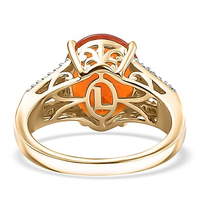 Luxoro AAA Mexican Cherry Fire Opal, Padparadscha Sapphire, Natural Champagne and White Diamond 3.40 ctw Ring in 10K Yellow Gold (Size 8.0)