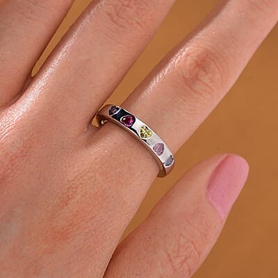 Simulated Multi Color Diamond Heart Band Ring in Silvertone (Size 10.0)