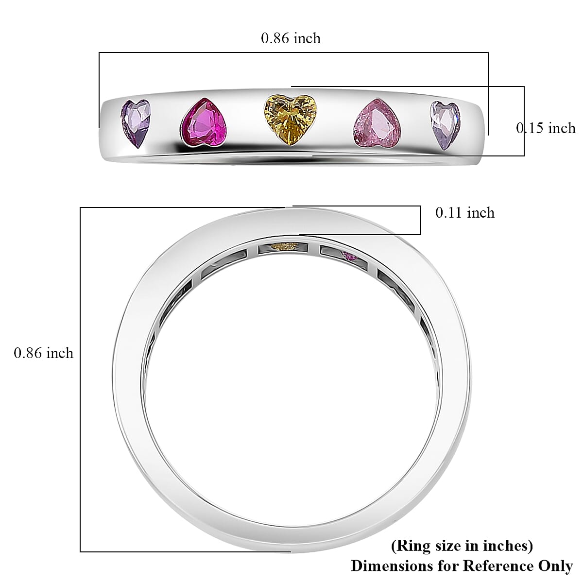 Simulated Multi Color Diamond Heart Band Ring in Silvertone (Size 10.0)