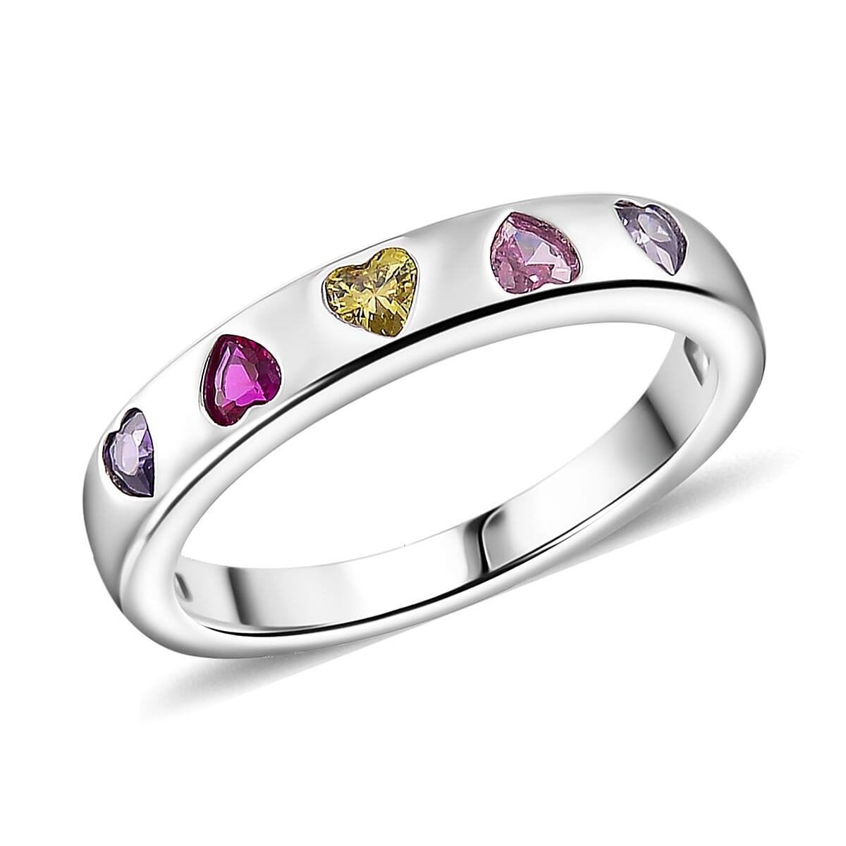 Simulated Multi Color Diamond Heart Band Ring in Silvertone (Size 6.0) image number 0