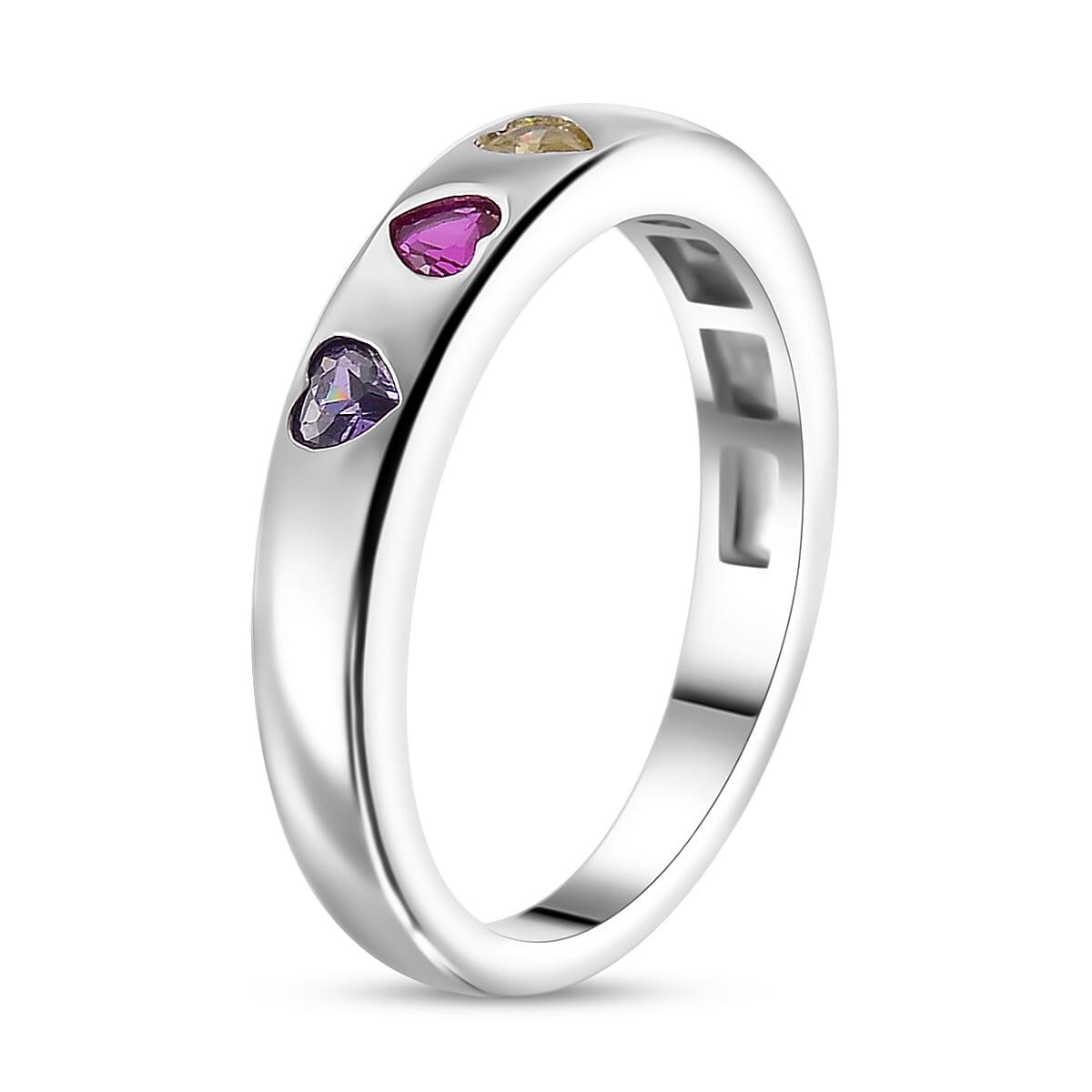 Simulated Multi Color Diamond Heart Band Ring in Silvertone (Size 6.0) image number 2