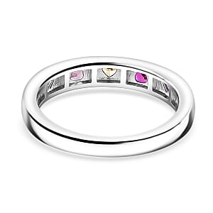 Simulated Multi Color Diamond Heart Band Ring in Silvertone (Size 7.0)