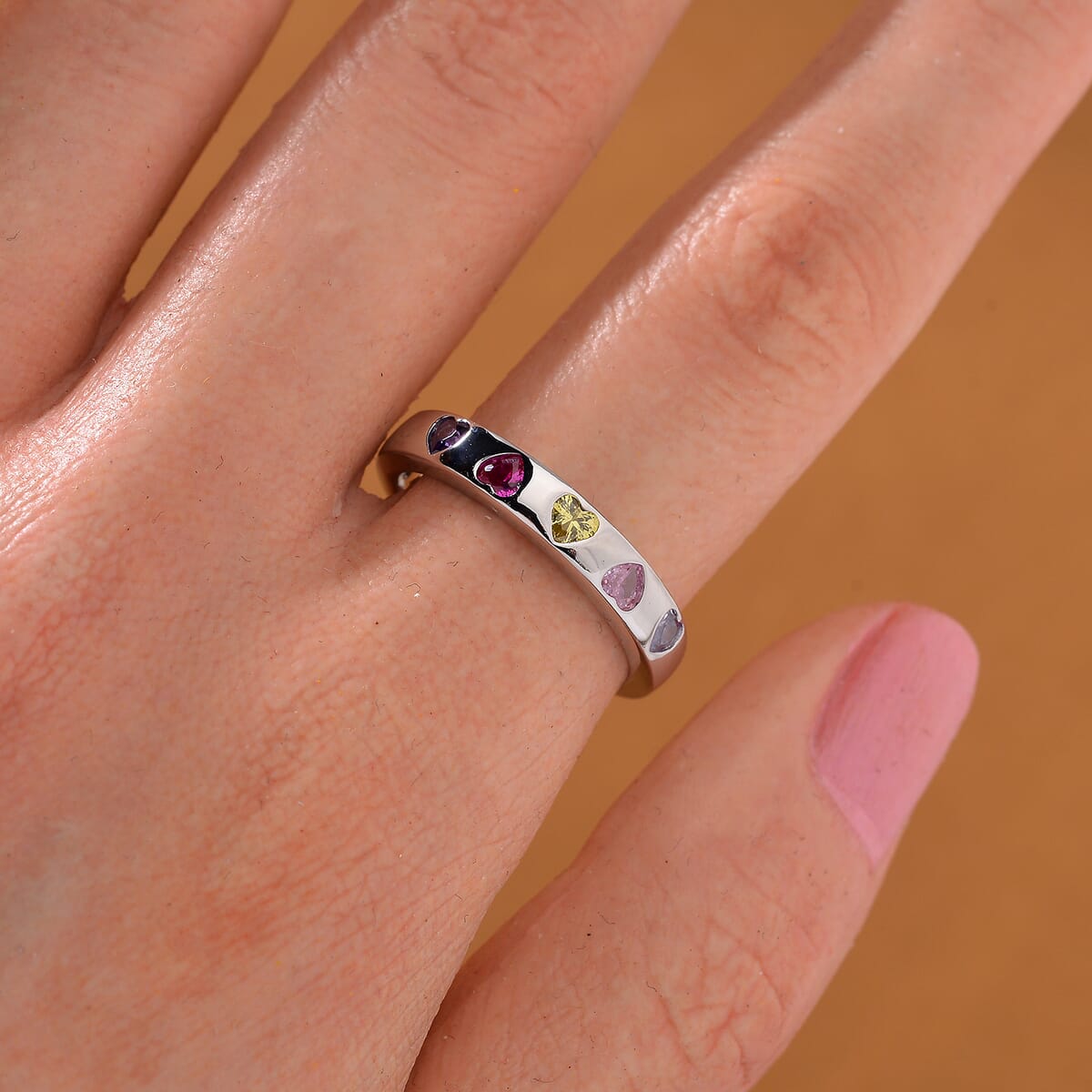 Simulated Multi Color Diamond Heart Band Ring in Silvertone (Size 8.0) image number 1