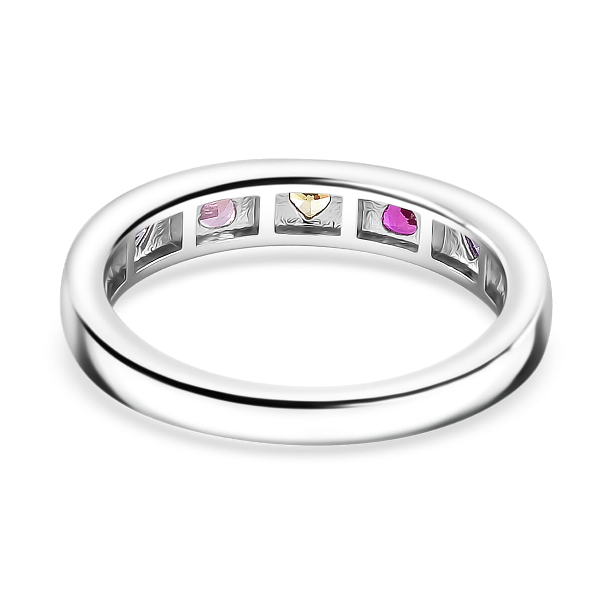Simulated Multi Color Diamond Heart Band Ring in Silvertone (Size 8.0) image number 3