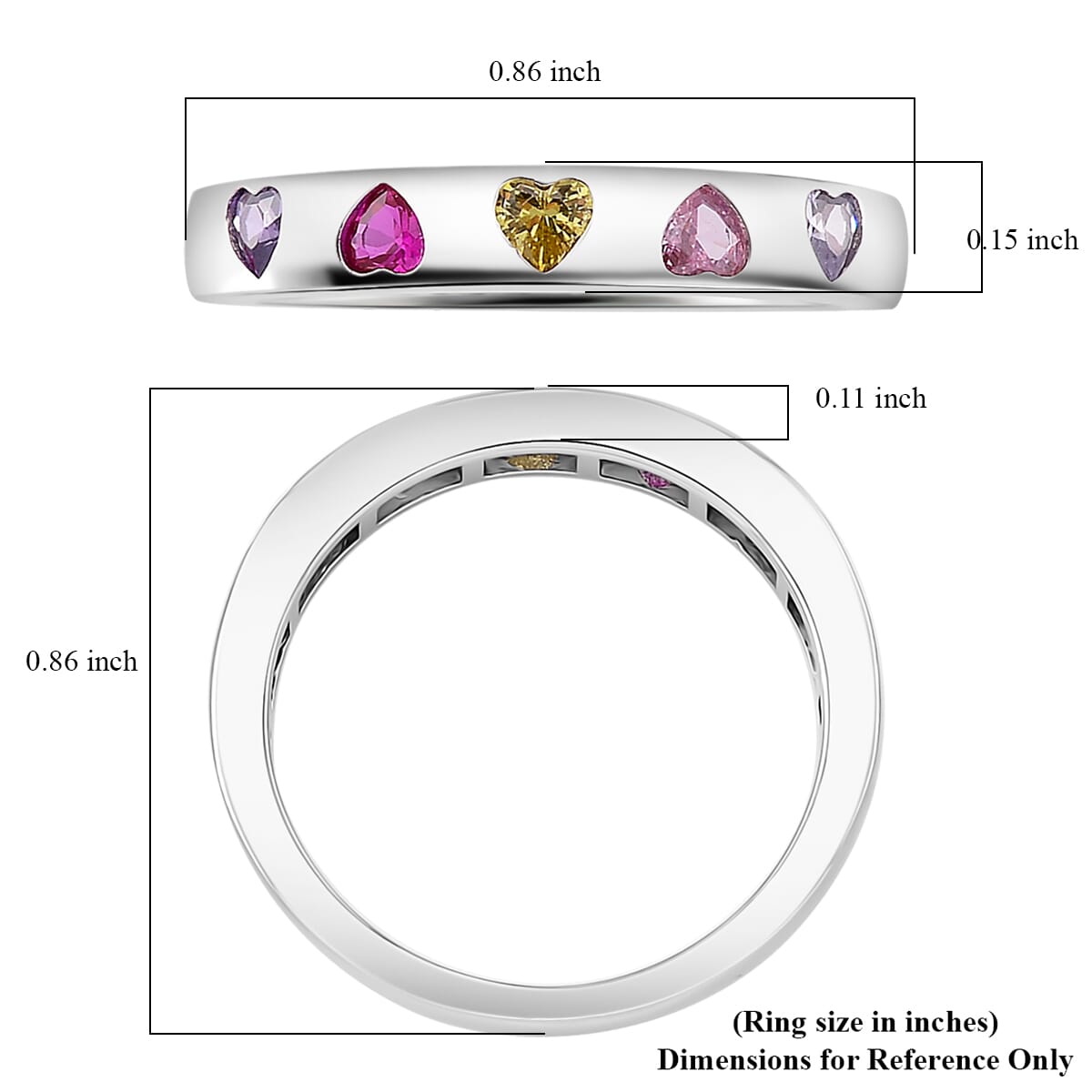 Simulated Multi Color Diamond Heart Band Ring in Silvertone (Size 8.0) image number 4
