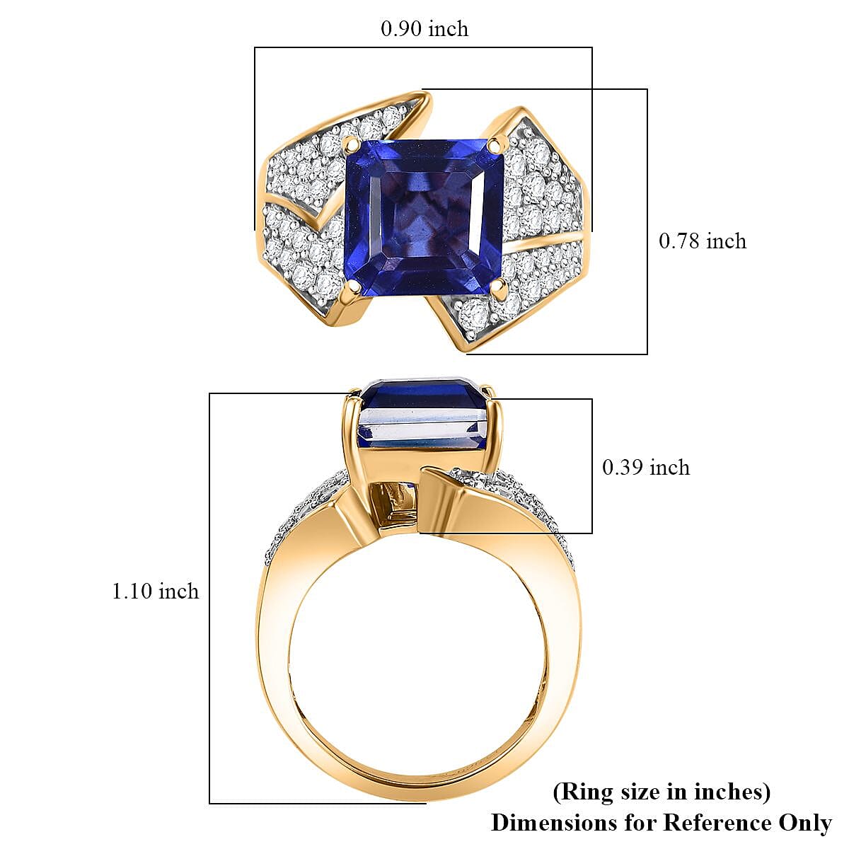 GP Amore Collection Asscher Cut Premium Blue Quartz (Triplet) and White Zircon 7.00 ctw Love at First Sight Ring in 18K Vermeil Yellow Gold Over Sterling Silver (Size 10.0)