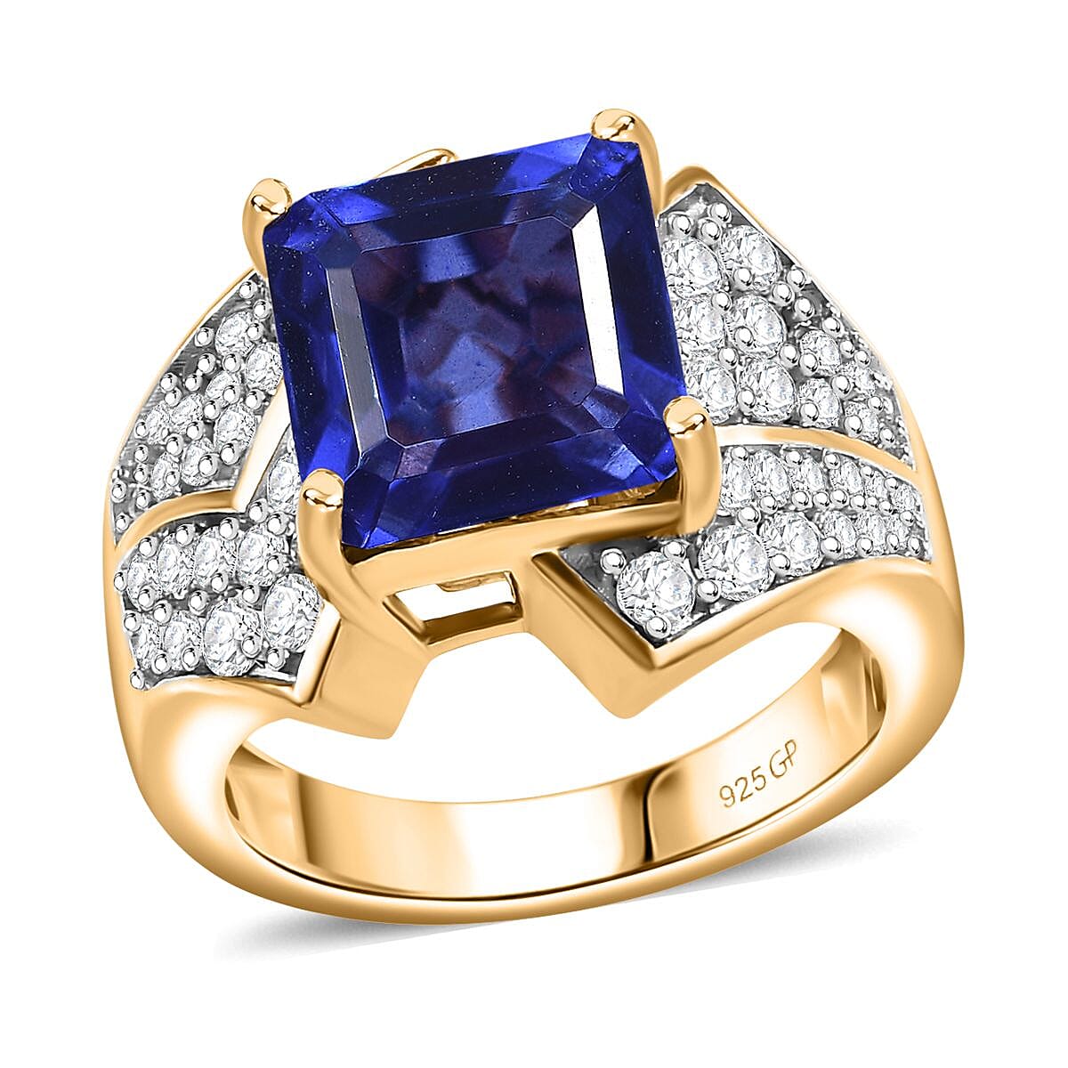 GP Asscher Cut Premium Blue Quartz, White Zircon Ring in 18K Vermeil YG Over Sterling Silver (Size 10.0) 4.30 ctw