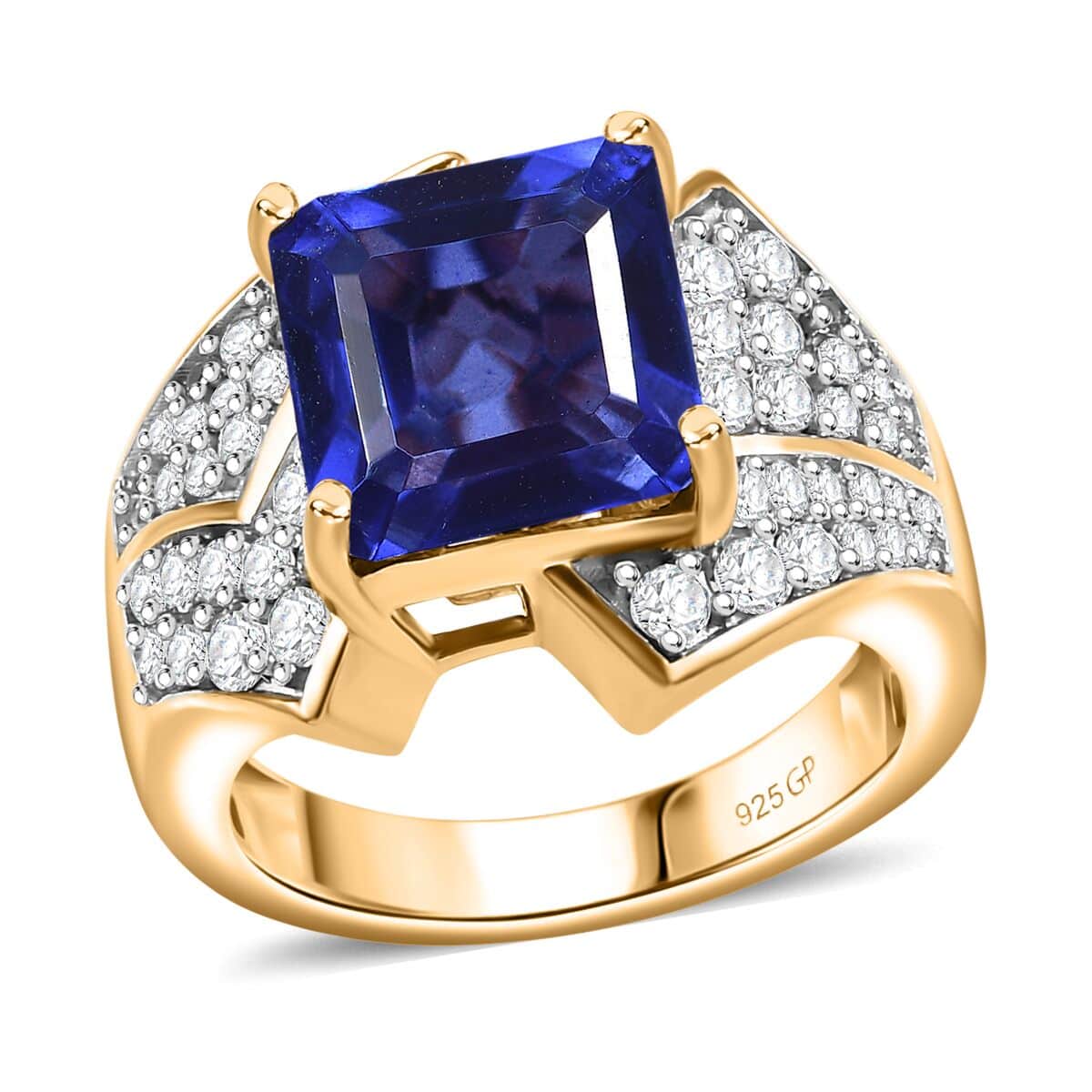 GP Amore Collection Asscher Cut Premium Blue Quartz (Triplet) and White Zircon 7.00 ctw Love at First Sight Ring in 18K Vermeil Yellow Gold Over Sterling Silver (Size 7.0) image number 0