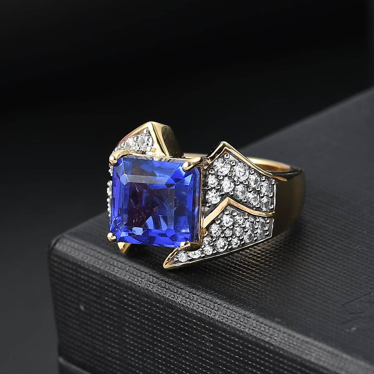 GP Amore Collection Asscher Cut Premium Blue Quartz (Triplet) and White Zircon 7.00 ctw Love at First Sight Ring in 18K Vermeil Yellow Gold Over Sterling Silver (Size 7.0) image number 1