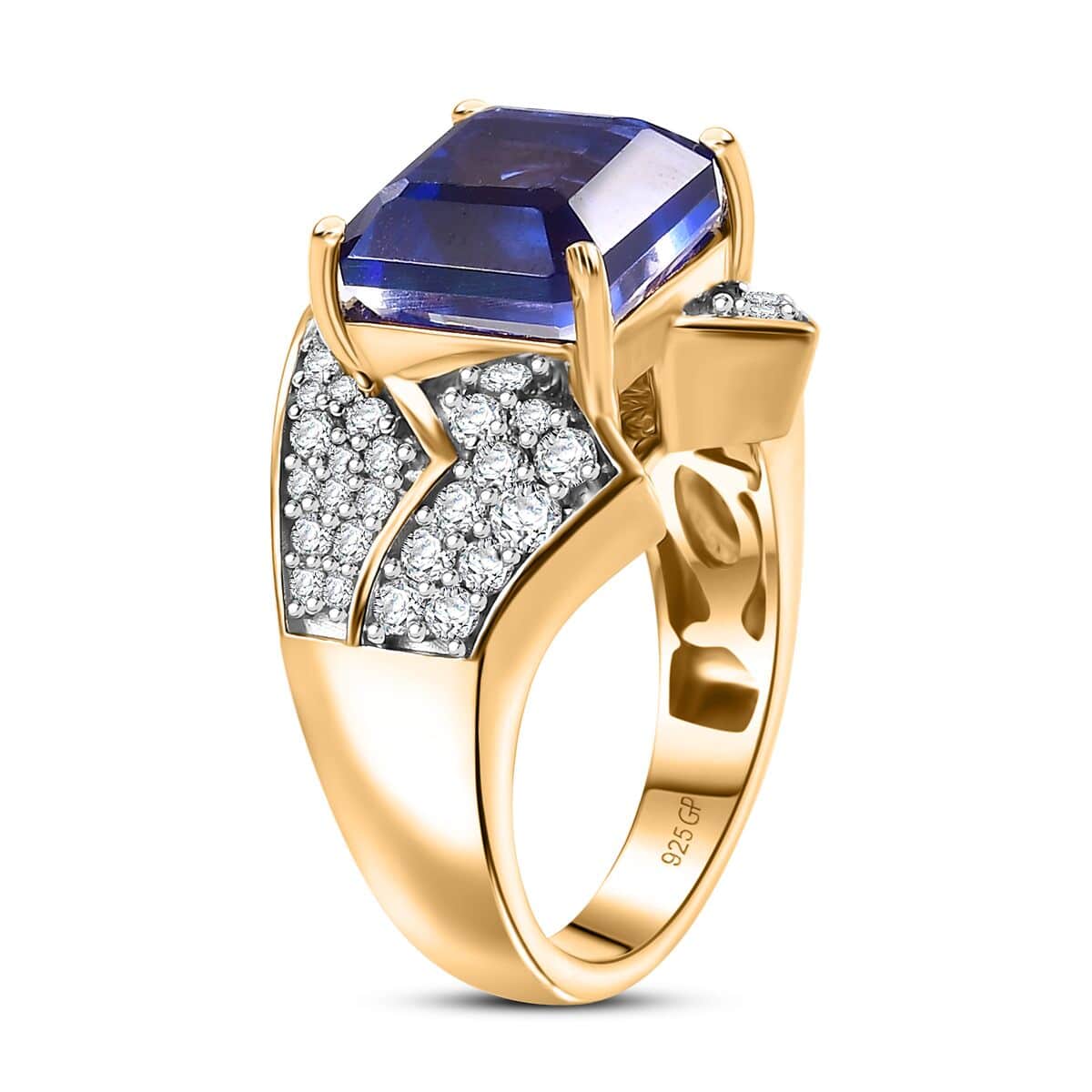 GP Amore Collection Asscher Cut Premium Blue Quartz (Triplet) and White Zircon 7.00 ctw Love at First Sight Ring in 18K Vermeil Yellow Gold Over Sterling Silver (Size 7.0) image number 3