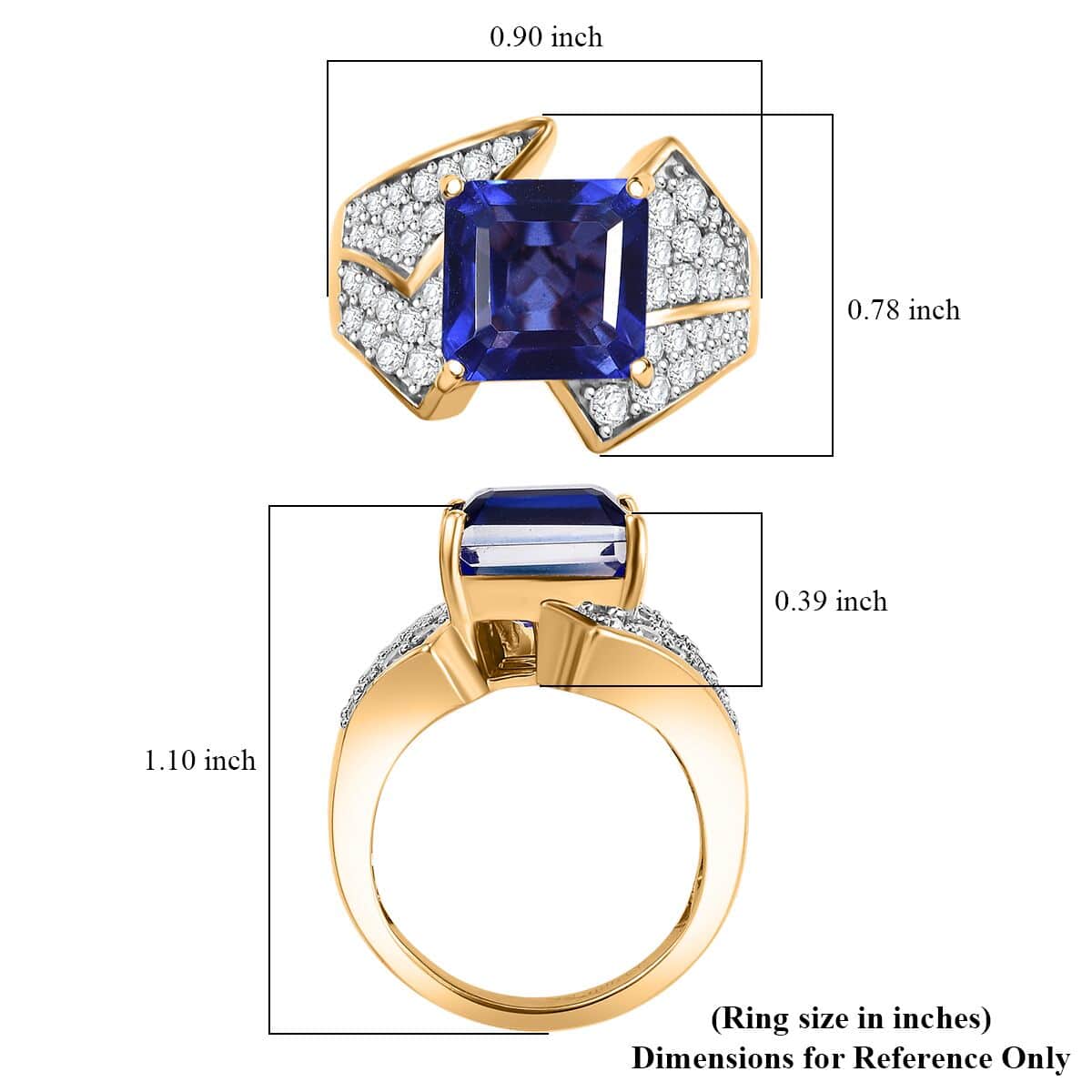 GP Amore Collection Asscher Cut Premium Blue Quartz (Triplet) and White Zircon 7.00 ctw Love at First Sight Ring in 18K Vermeil Yellow Gold Over Sterling Silver (Size 7.0) image number 5