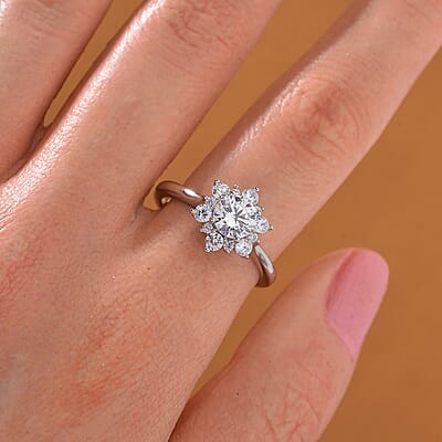 Simulated Diamond Starburst Ring in Silvertone (Size 10.0)