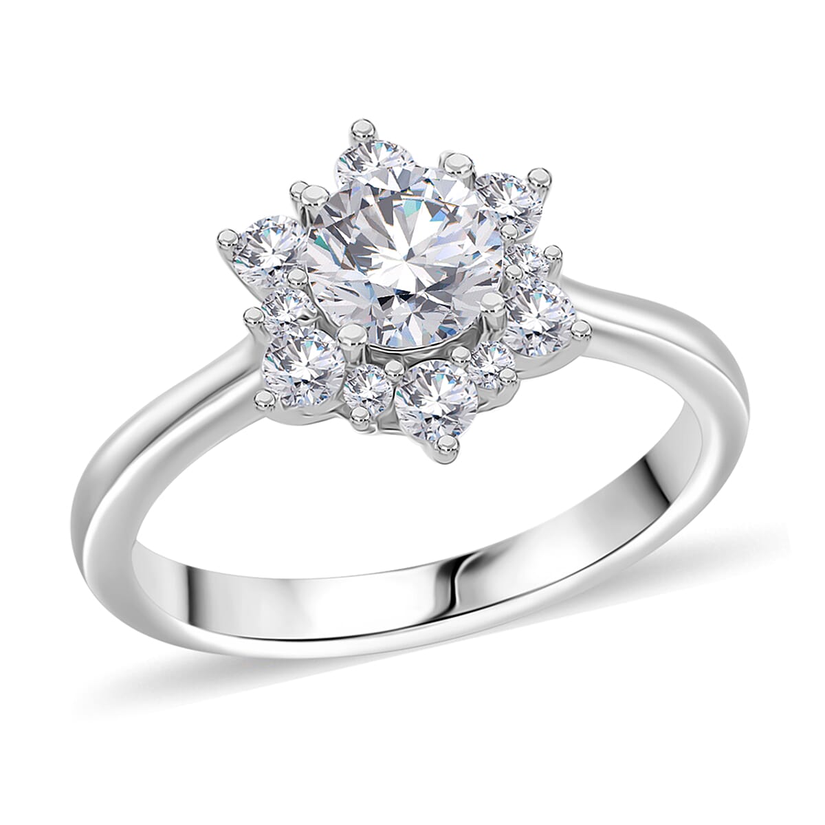 Simulated Diamond Starburst Ring in Silvertone (Size 10.0)