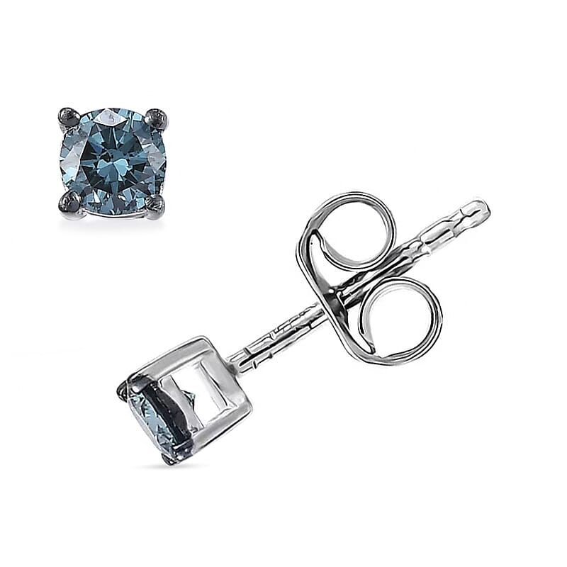 Luxuriant Lab Grown Blue Diamond (IR) SI 0.35 ctw Solitaire Stud Earrings in Rhodium Over Sterling Silver