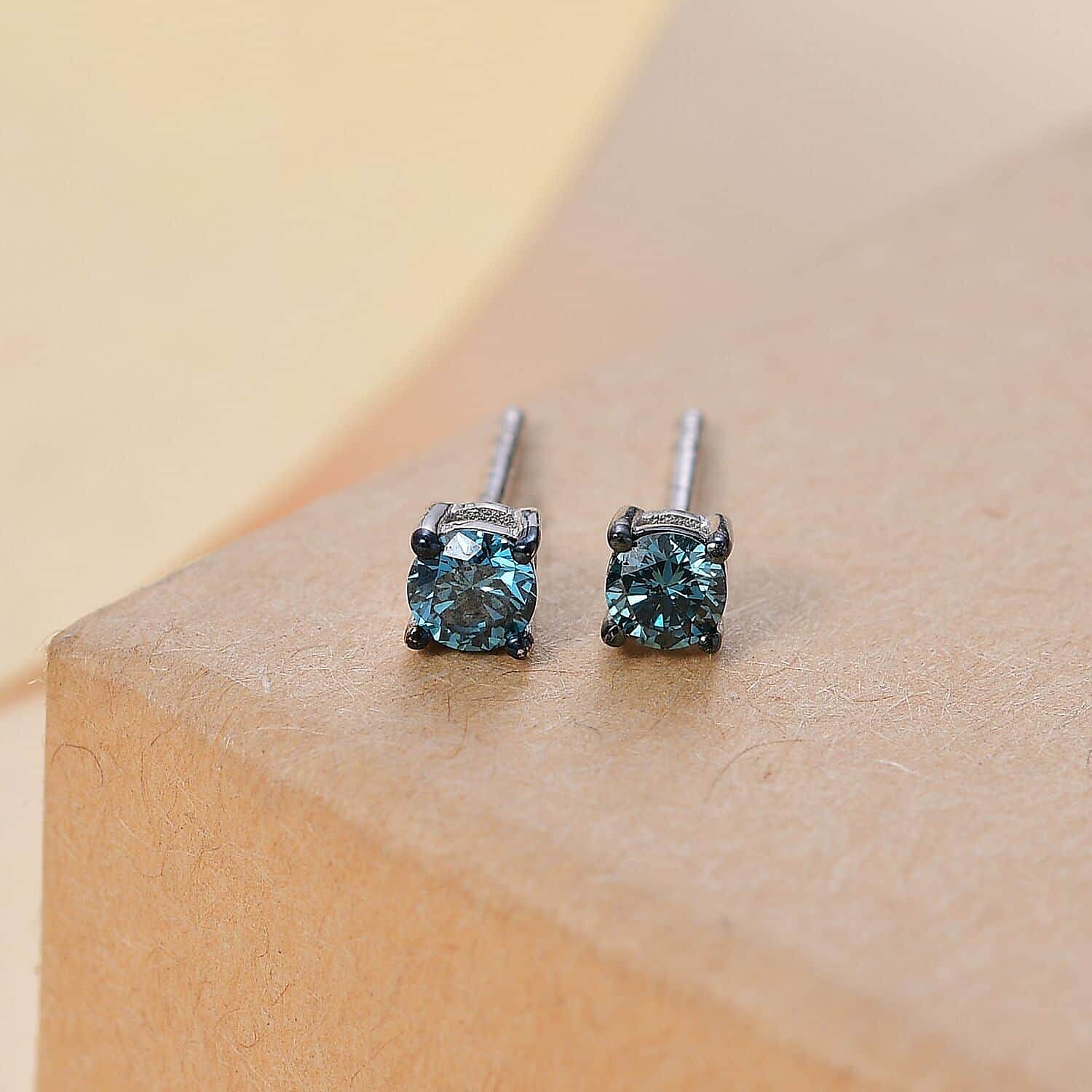 Luxuriant Lab Grown Blue Diamond (IR) SI 0.35 ctw Solitaire Stud Earrings in Rhodium Over Sterling Silver
