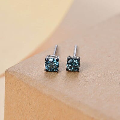 Luxuriant Lab Grown Blue Diamond (IR) SI 0.35 ctw Solitaire Stud Earrings in Rhodium Over Sterling Silver