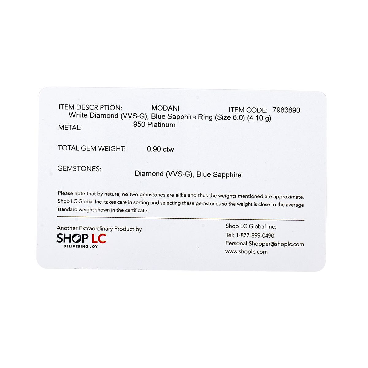 Modani White Diamond VVS1 and Blue Sapphire 0.90 ctw Ring in 950 Platinum (Size 9.5) 4.10 Grams image number 5