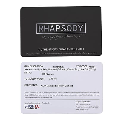 Rhapsody AAAA Montepuez Ruby and Diamond E-F VS 2.15 ctw Ring in 950 Platinum (Size 10.0) 7.26 Grams