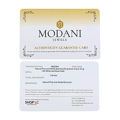 Modani Natural Pink and White Diamond 1.30 ctw Ring in 14K White and Rose Gold (Size 10.0) 5.25 Grams