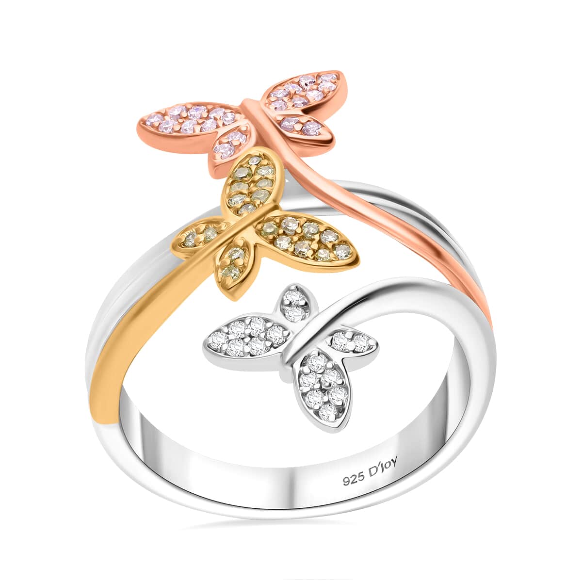 Natural Pink, Yellow and White Diamond Butterfly Ring in Vermeil RG, YG and Platinum Over Sterling Silver (Size 8.0) 0.25 ctw image number 0