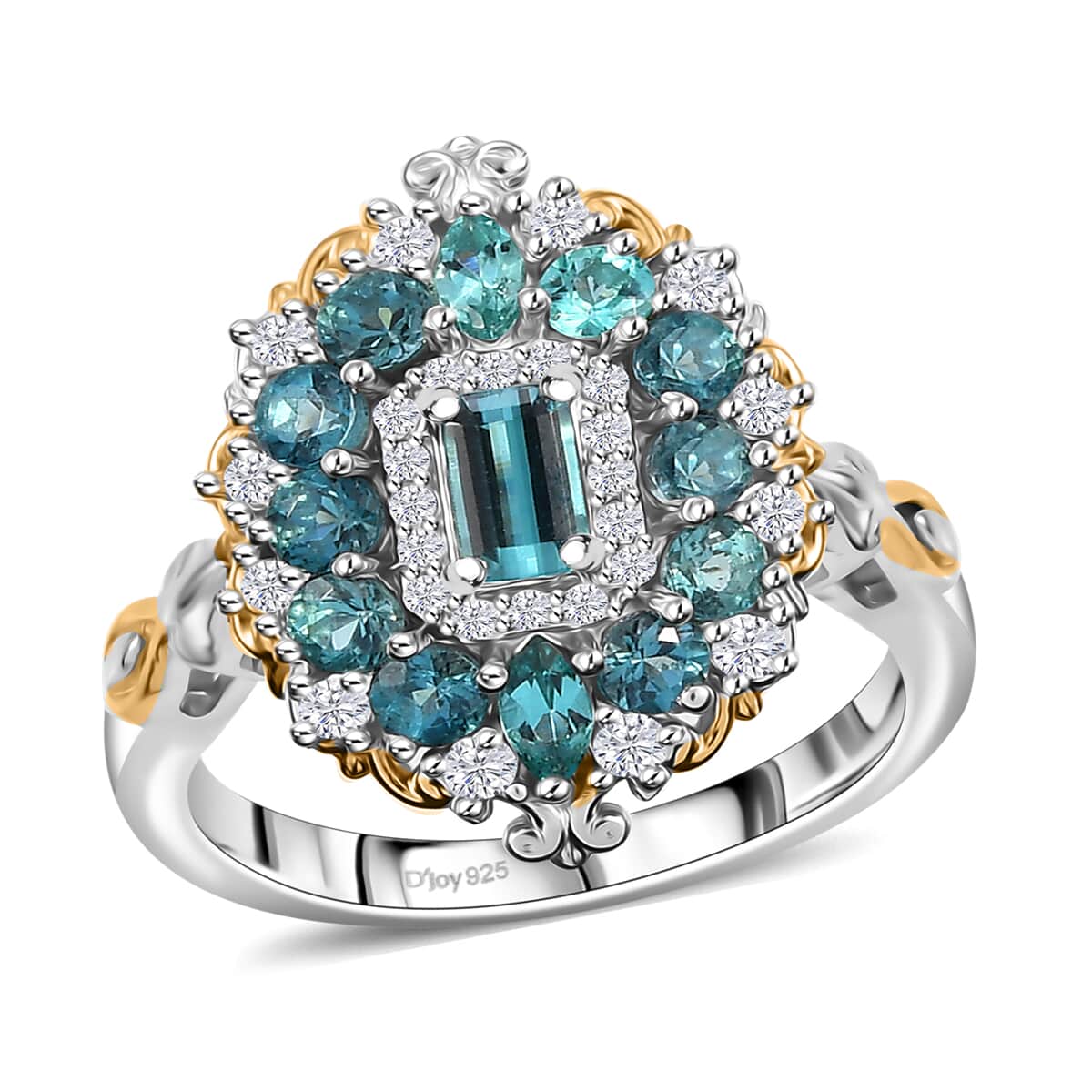 Premium Pirineu Lagoon Tourmaline and Moissanite 1.35 ctw Ocean Royale Ring in 18K Vermeil YG and Rhodium Over Sterling Silver (Size 6.0) image number 0