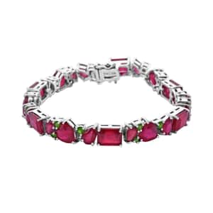 Niassa Ruby (FF) and Chrome Diopside 44.85 ctw Art Deco Bracelet in Rhodium Over Sterling Silver (6.50 In)