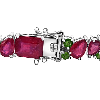 Niassa Ruby (FF) and Chrome Diopside 52.85 ctw Art Deco Bracelet in Rhodium Over Sterling Silver (7.25 In)