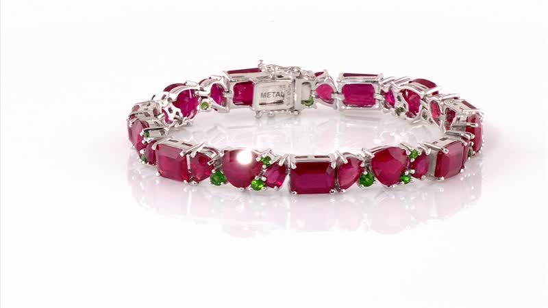 Niassa Ruby (FF) and Chrome Diopside 44.85 ctw Bracelet in Rhodium Over Sterling Silver (6.50 In)