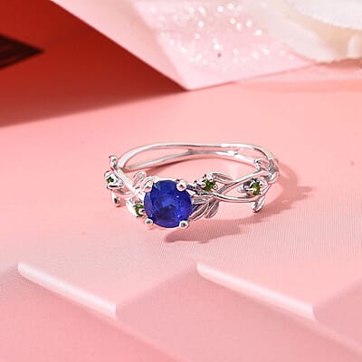 Vietnamese Cobalt Blue Spinel (DF) and Chrome Diopside 1.15 ctw Ring in Rhodium Over Sterling Silver (Size 10.0)